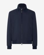 Navy blue padded bomber jacket with detachable chest piece