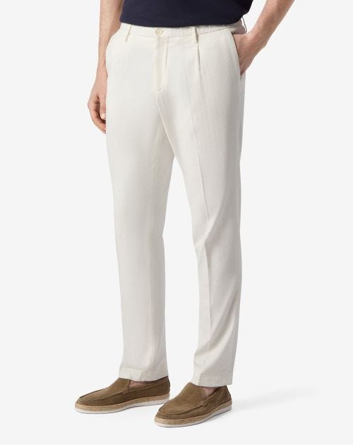 Pantaloni bianco ottico in cannetè di lino/cotone