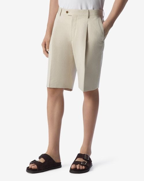 Beige herringbone cotton and linen Bermuda shorts