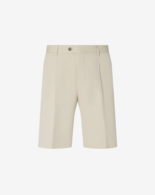 Beige herringbone cotton and linen Bermuda shorts