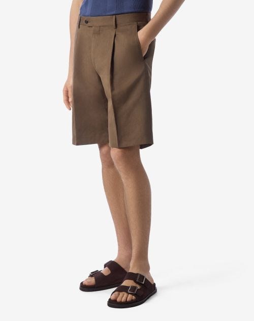 Green herringbone cotton and linen Bermuda shorts