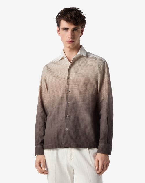 White/brown fadeout textured cotton shirt