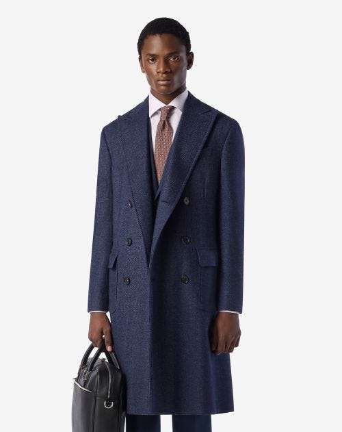 Denim-blue herringbone wool coat