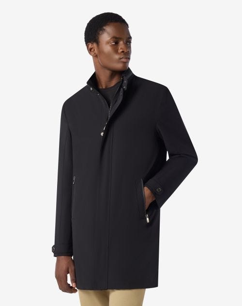 Black super stretch technical fabric caban coat