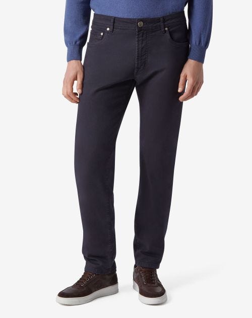 Navy blue stretch gabardine 5-pocket trousers