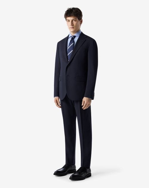 Blue stretch wool suit with micro effect