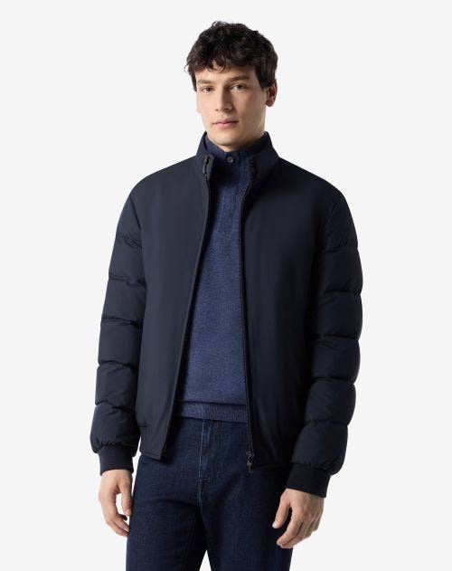 Navy blue real down padded bomber jacket