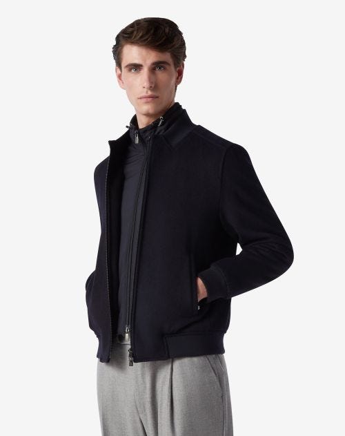 Blue padded bomber jacket with detachable chest piece