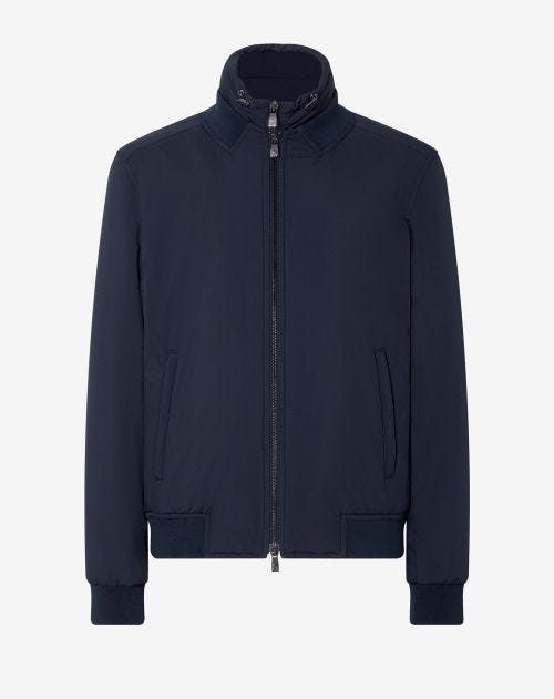 Navy blue padded bomber jacket with detachable chest piece