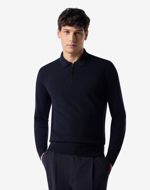 Navy blue merino wool button-up polo