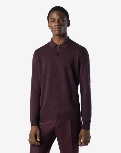 Purple merino wool zipped polo