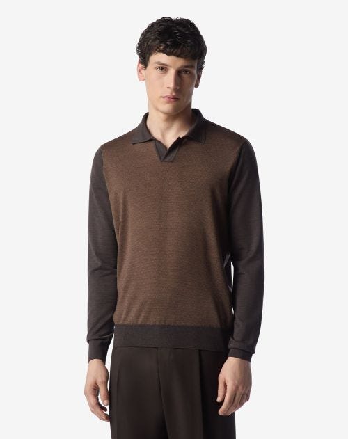 Tobacco/brown jacquard extra fine merino wool polo