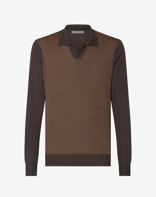 Tobacco/brown jacquard extra fine merino wool polo