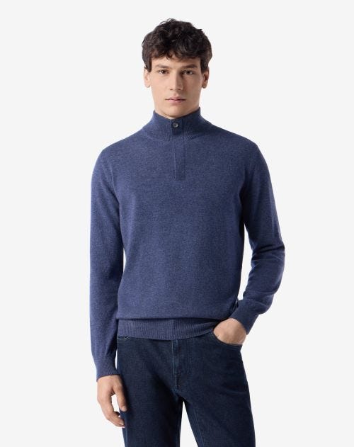 Light melange blue cashmere button-up jumper