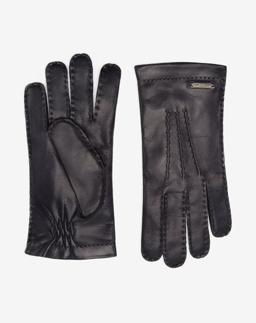 Gants bleus en cuir nappa et cachemire