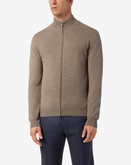 Grijsbeige full-zip trui in wol en kasjmier