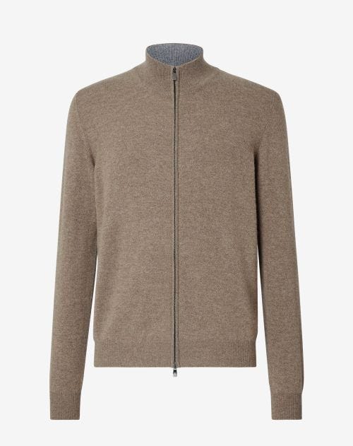 Grijsbeige full-zip trui in wol en kasjmier