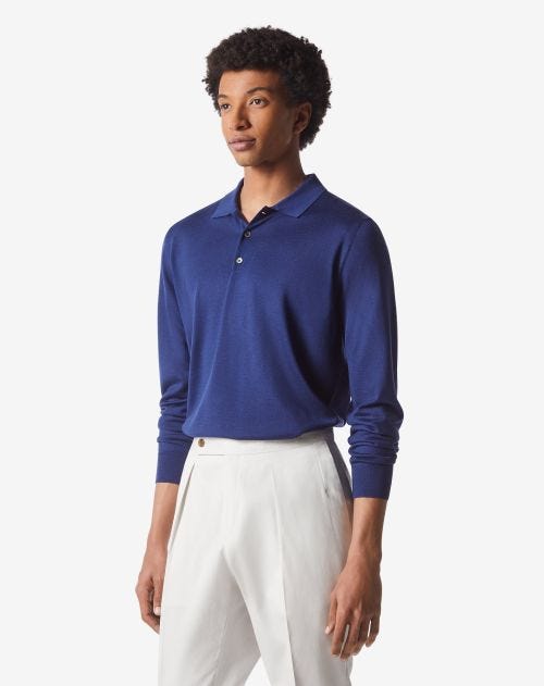 Blauw poloshirt met lange mouwen in wol