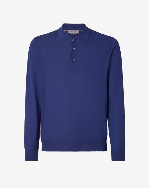 Blauw poloshirt met lange mouwen in wol