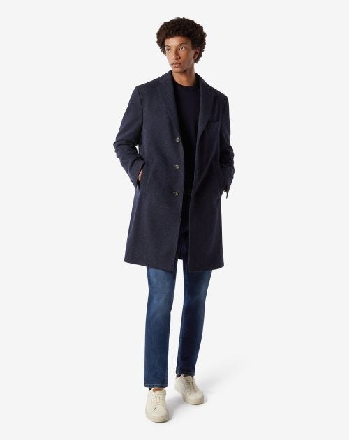 Navy blue herringbone wool and cashmere coat