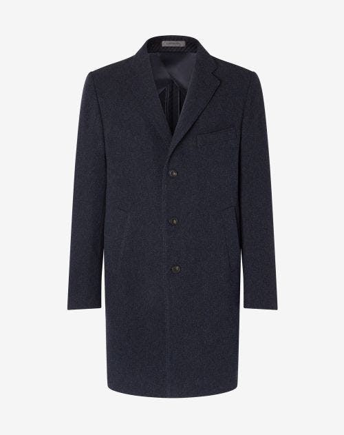 Cappotto blu navy in lana e cashmere fantasia herringbone