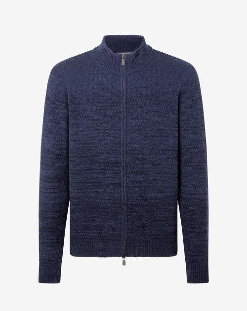 Blue sustainable wool and cashmere full zip turtleneck sweater