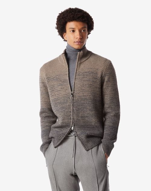 Blue sustainable wool and cashmere full zip turtleneck sweater