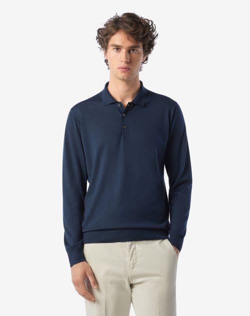 Blue 120's extra-fine wool button-up polo