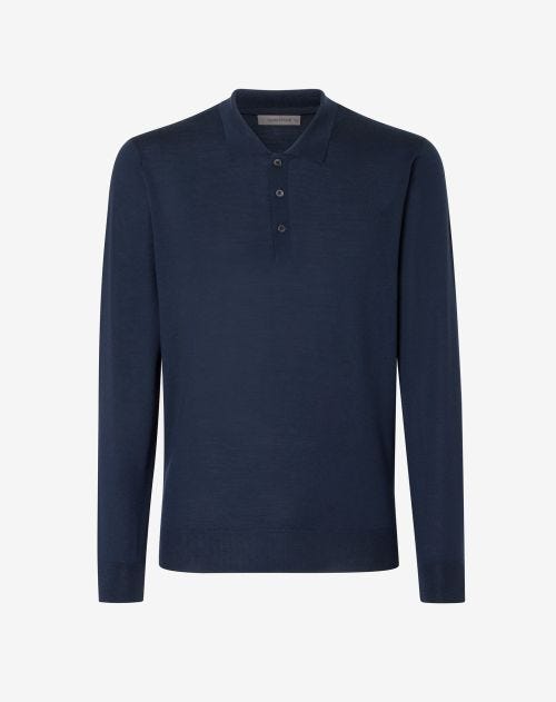 Blue 120's extra-fine wool button-up polo