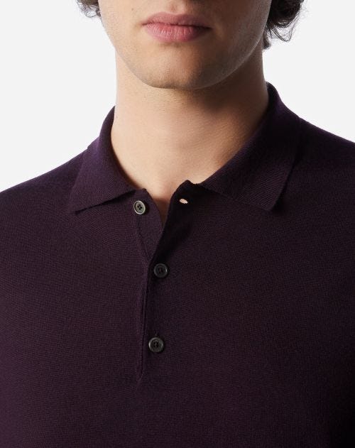 Purple 120's extra-fine wool button-up polo