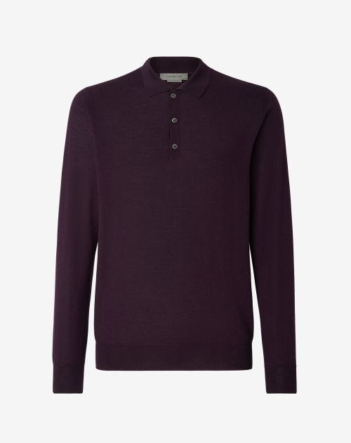 Purple 120's extra-fine wool button-up polo