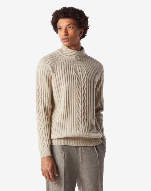 Ivory wool and silk turtleneck with braid and rib stitch