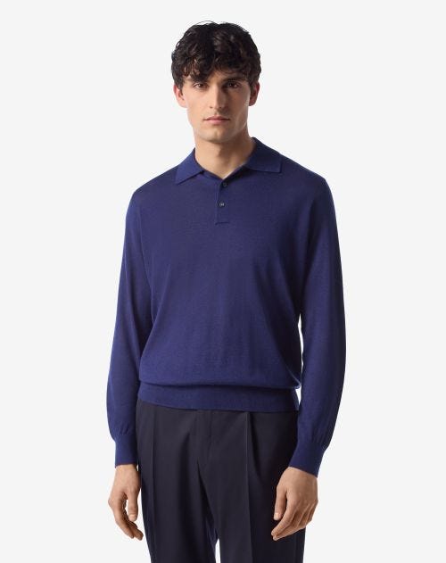 Middenblauw poloshirt met lange mouwen van kasjmier en zijde