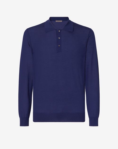 Middenblauw poloshirt met lange mouwen van kasjmier en zijde