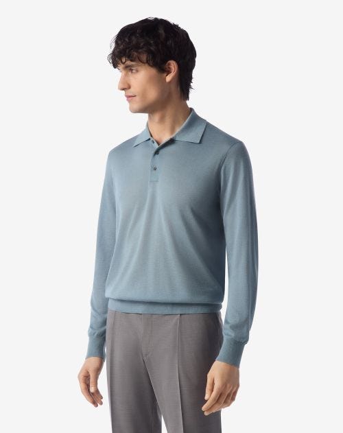 Turquoise poloshirt met lange mouwen van kasjmier en zijde