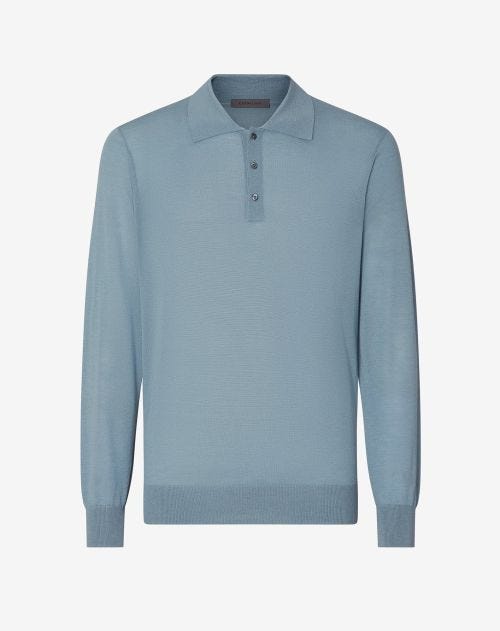 Turquoise poloshirt met lange mouwen van kasjmier en zijde