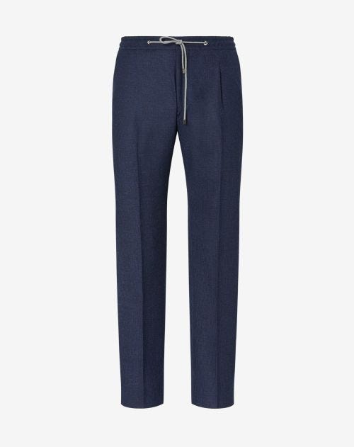 Pantaloni color denim in lana e cashmere