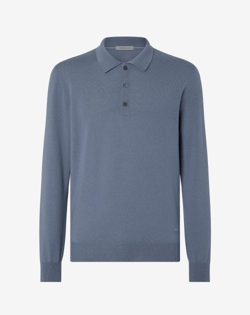 Blauwgrijs poloshirt met knopen van extrafijne merinowol