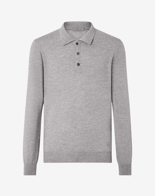 Lichtgrijs gemêleerd poloshirt met knopen van extrafijne merinowol