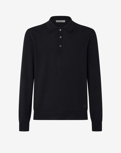 Zwart poloshirt met knopen van extrafijne merinowol