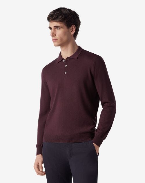 Paars poloshirt met knopen van extrafijne merinowol