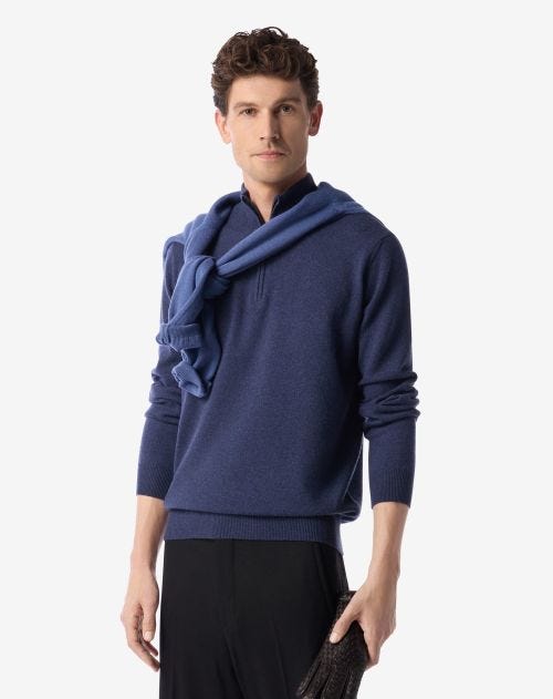 Maglia con zip blu chiaro melange in lana e cashmere