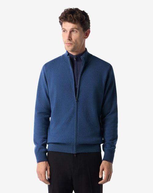 Melange sugar paper blue wool and cashmere full zip jumper