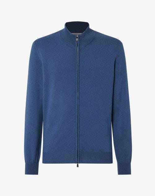 Grijsblauw gemêleerde full-zip trui van wol en kasjmier