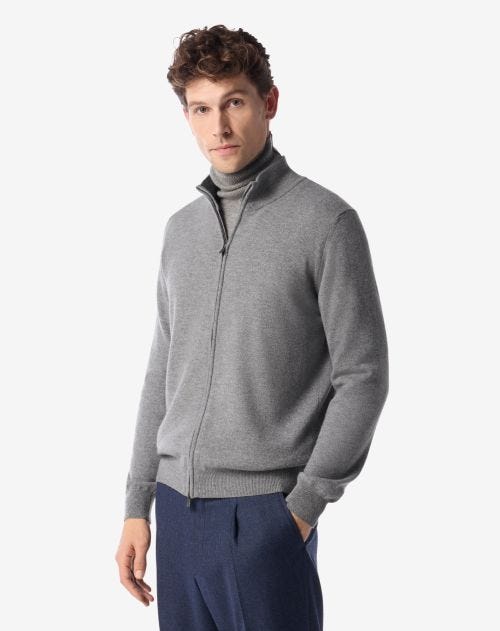 Melange grey wool and cashmere full zip jumper