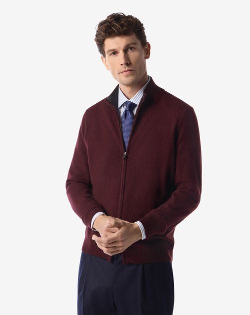 Maglia full zip bordeaux in lana e cashmere