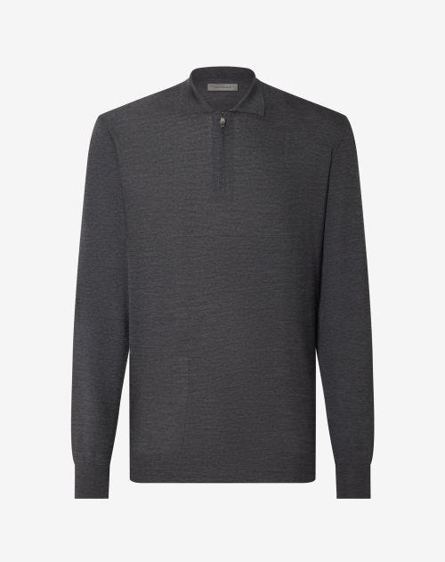 Donkergrijs gemêleerd poloshirt met rits van extrafijne merinowol