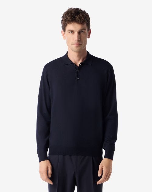 Marineblauw poloshirt met knopen van ultrafijne wol