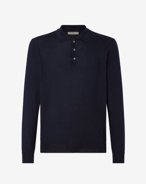 Marineblauw poloshirt met knopen van ultrafijne wol