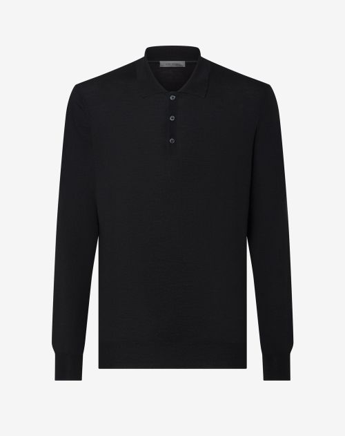 Zwart poloshirt met knopen van ultrafijne wol